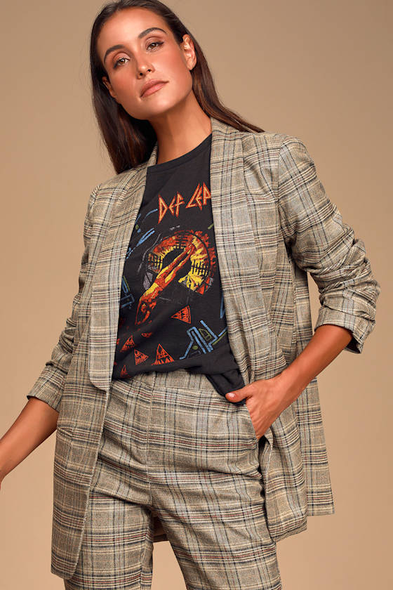 Coffee Dates Light Brown Plaid Ruched Sleeve Blazer 2