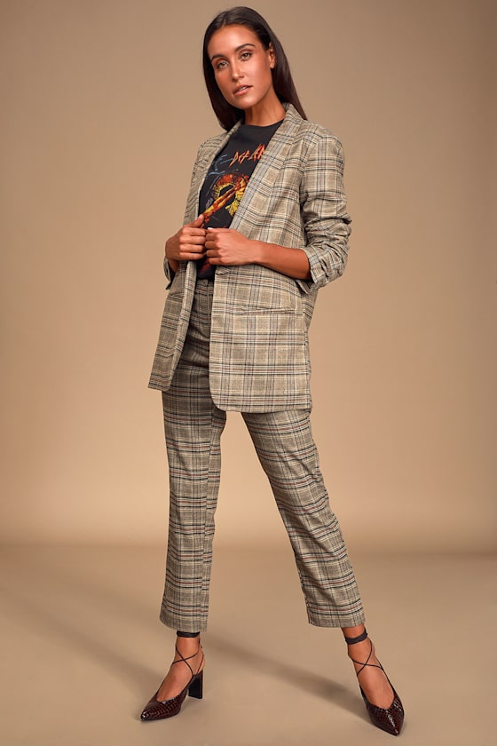 Coffee Dates Light Brown Plaid Ruched Sleeve Blazer 1