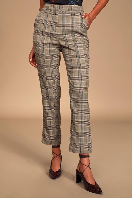 brown plaid flare pants