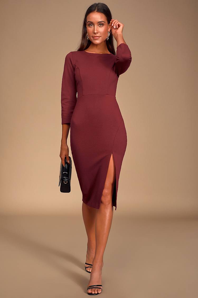 Embrace Burgundy Three-Quarter Sleeve Bodycon Midi Dress