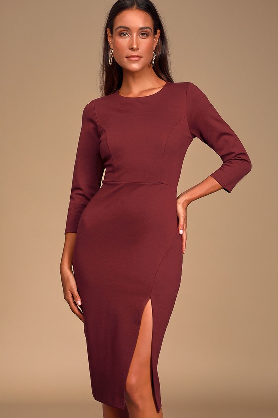 Embrace Burgundy Three Quarter Sleeve Bodycon Midi Dress