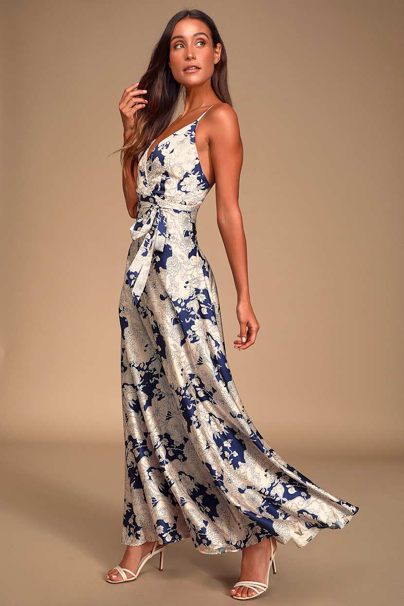 tea gardens navy blue floral print satin maxi dress LTS Tall Women's Indigo Blue Floral Tie Waist Maxi Dress