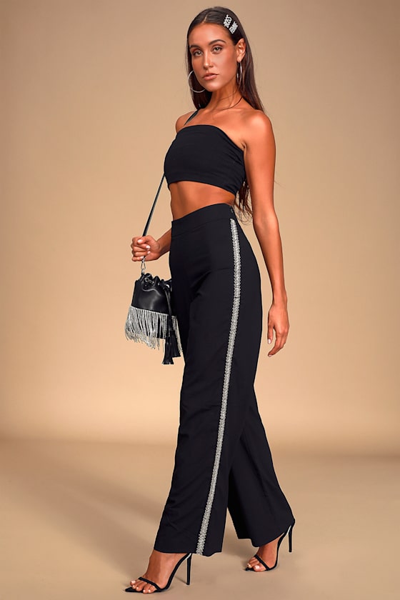 Takeover Black Beaded Rhinestone Wide-Leg Pants 1