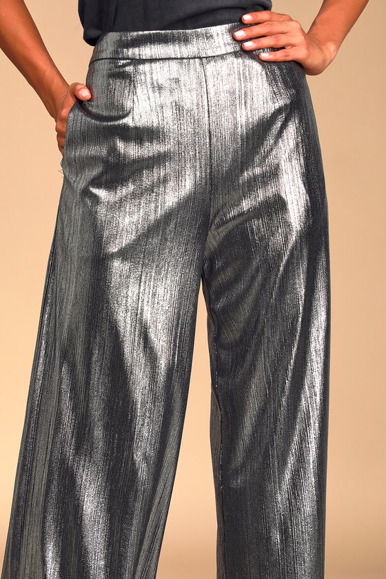 Edgy Metallic Silver Pants - Cropped Wide Leg Pants - High-Rise - Lulus