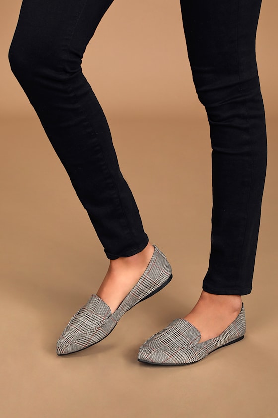 Feather Black Plaid Pointed-Toe Loafers 4