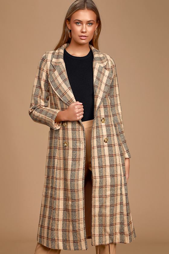 Joelle Taupe Plaid Double-Breasted Coat 3