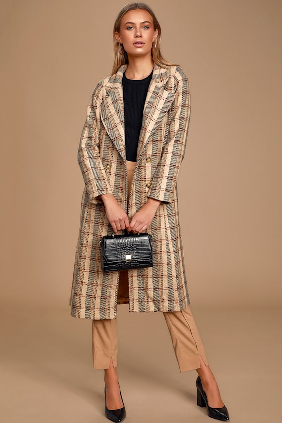 Joelle Taupe Plaid Double-Breasted Coat 1