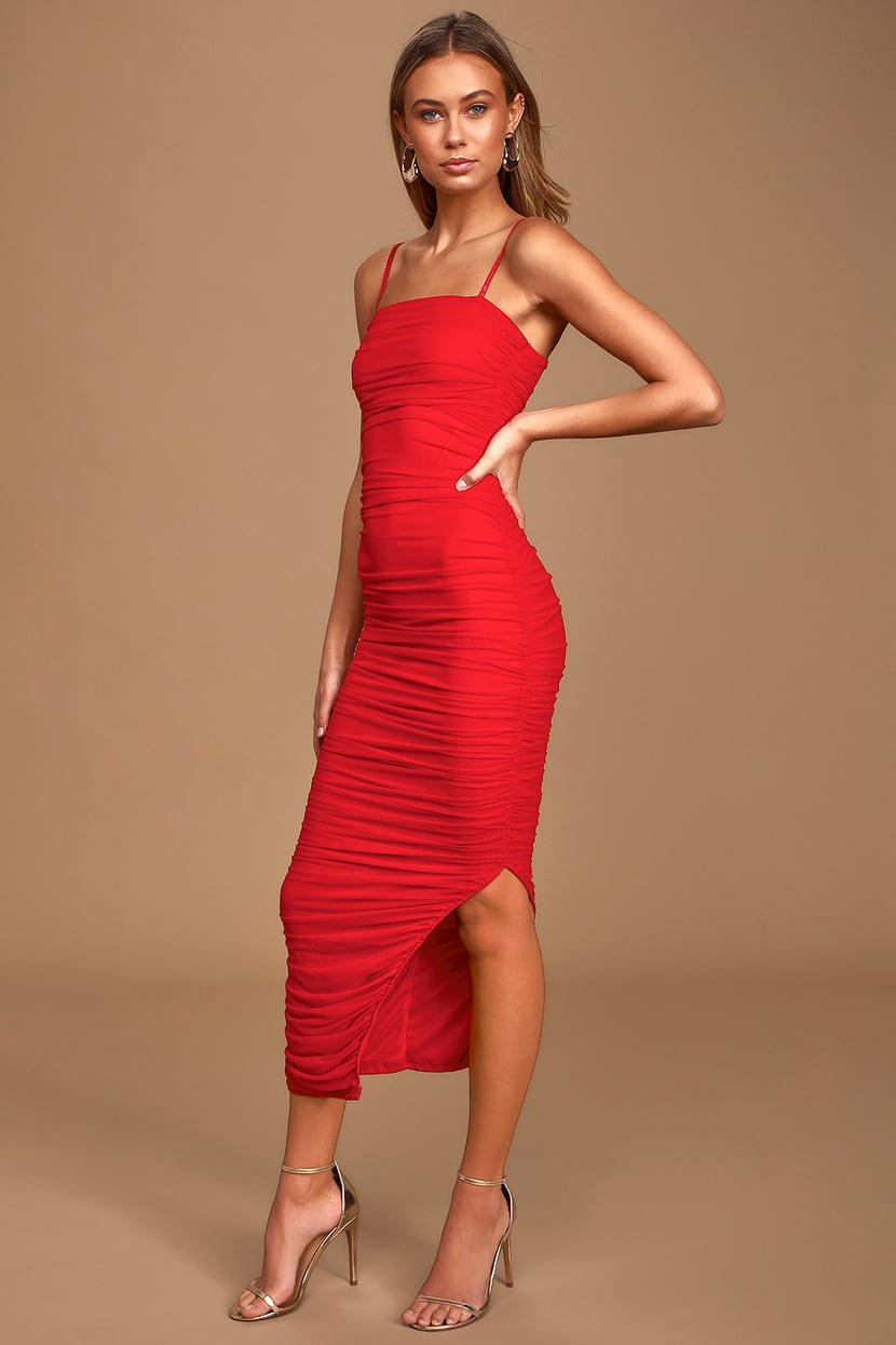 Best Behaviour Ruched Bodycon Midi Dress in Red