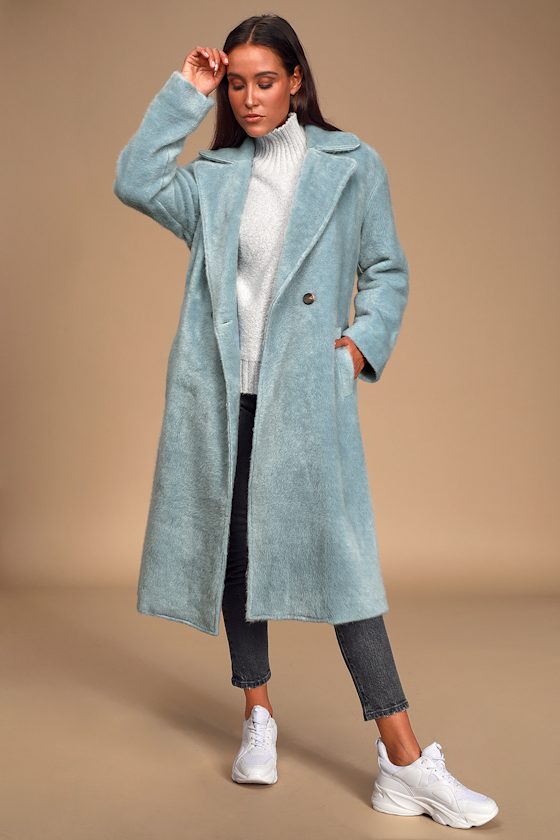 Neptune Light Blue Faux Fur Long Coat 1