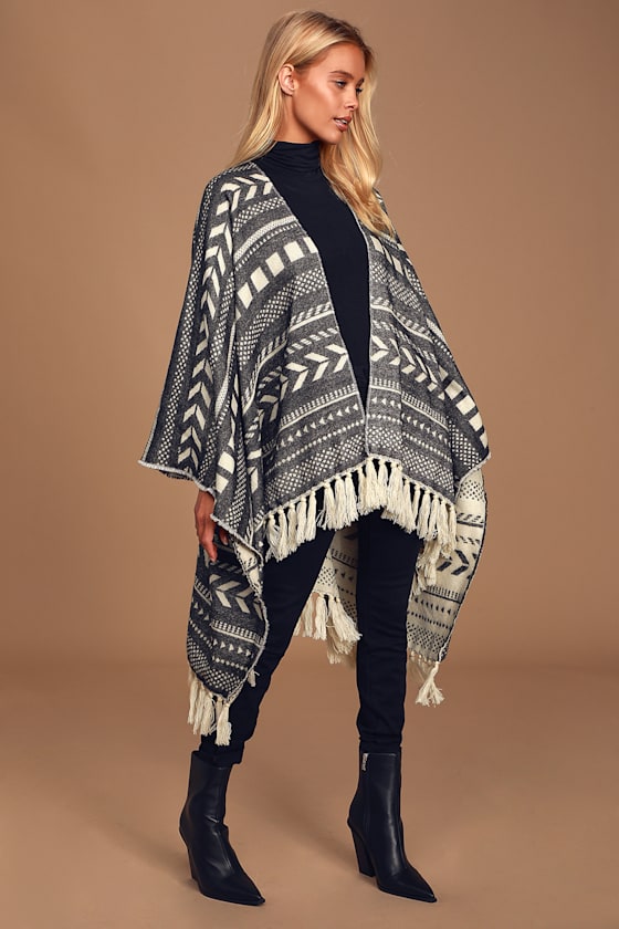 Wander and Wonder Black and White Print Poncho 3