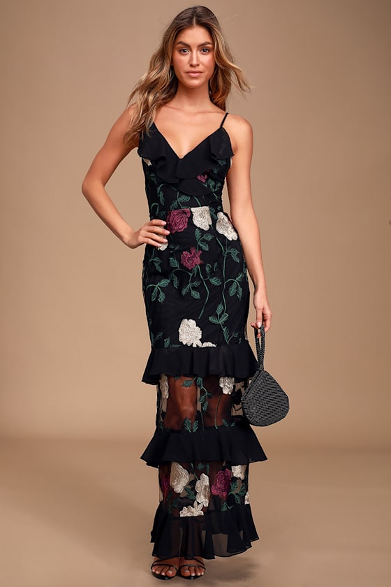 True to Heart Black Floral Embroidered Chiffon Maxi Dress 1