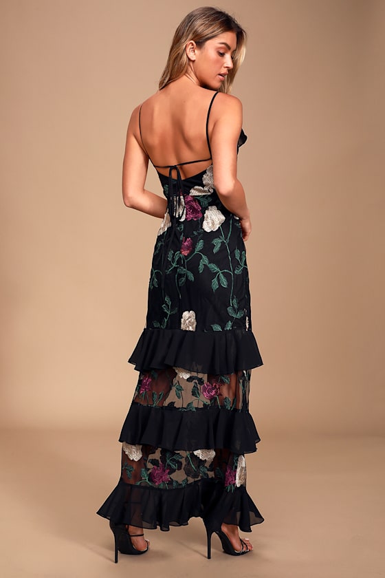 Lulus | True to Heart Black Floral Embroidered Maxi Dress | Size X-Small | 100% Polyester