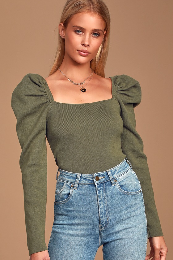 Trendy Olive Green Sweater - Puff Sleeve Sweater - Cozy Sweater - Lulus