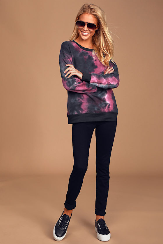 No Worries Black and Magenta Tie-Dye Pullover Sweatshirt 1
