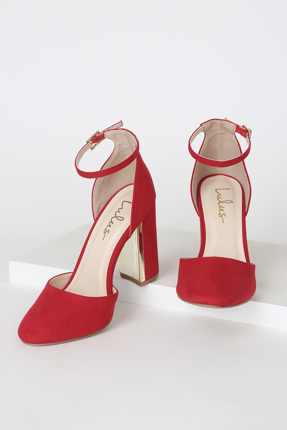 red suede pumps with ankle strap