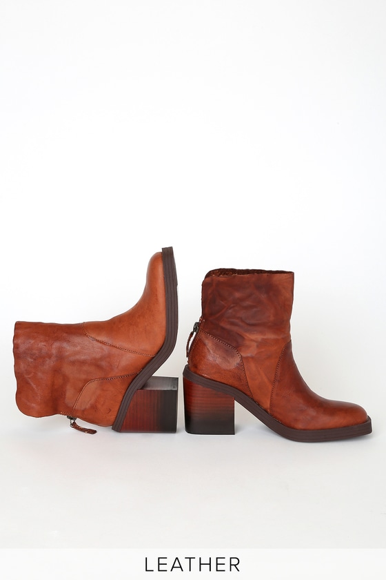 Westward Cognac Leather Square Toe Mid-Calf High Heel Boots