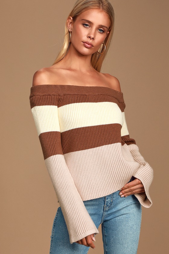 Brown Multi Striped Sweater - Off-the-Shoulder Sweater - Sweater - Lulus