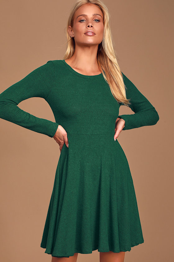 Fit and Fair Heather Green Ribbed Knit Long Sleeve Skater Dress 5