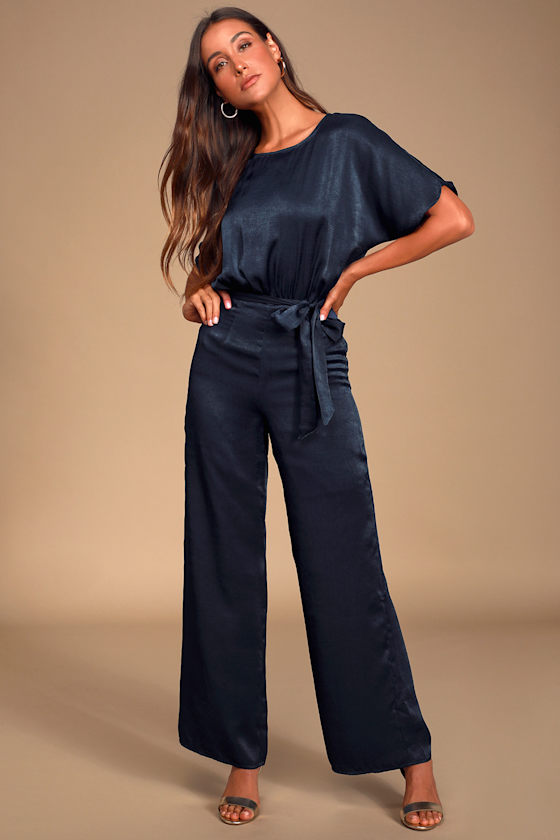 Chic Navy Blue Jumpsuit Satin Jumpsuit Short Sleeve Jumpsuit Lulus