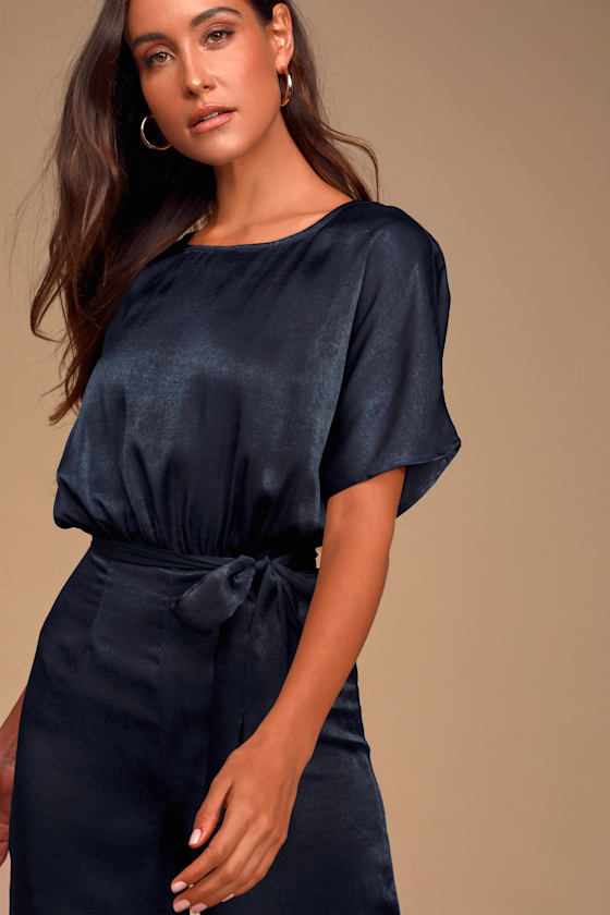 Mirabella Navy Blue Satin Short Sleeve Wide-Leg Jumpsuit 8