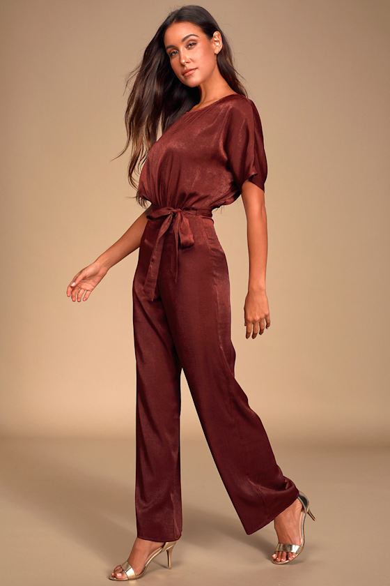Mirabella Wine Red Satin Short Sleeve Wide-Leg Jumpsuit 7