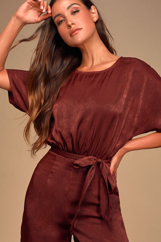 Mirabella Wine Red Satin Short Sleeve Wide-Leg Jumpsuit 11