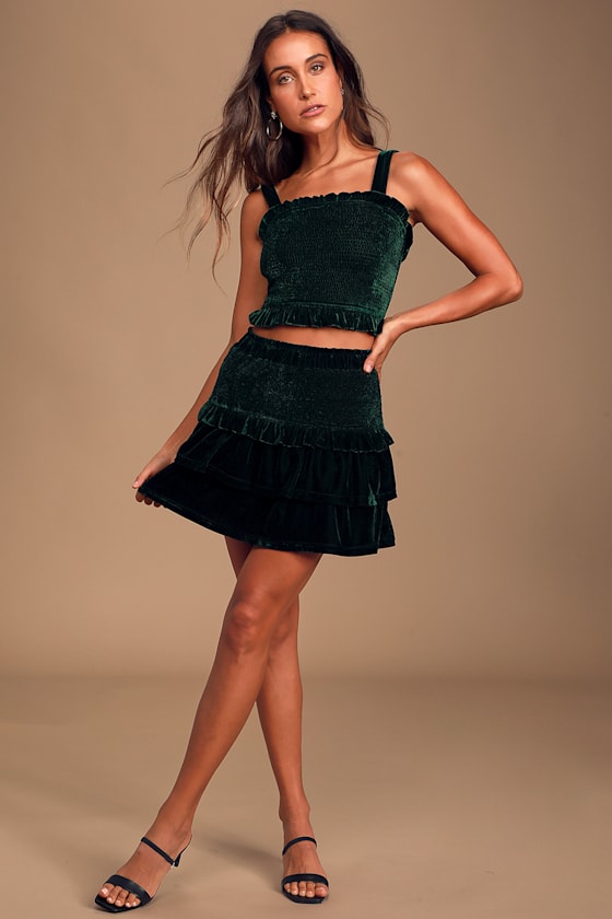 Soft Whisper Forest Green Velvet Smocked Crop Top 1
