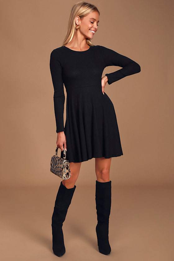 Fit and Fair Black Ribbed Knit Long Sleeve Skater Dress 1
