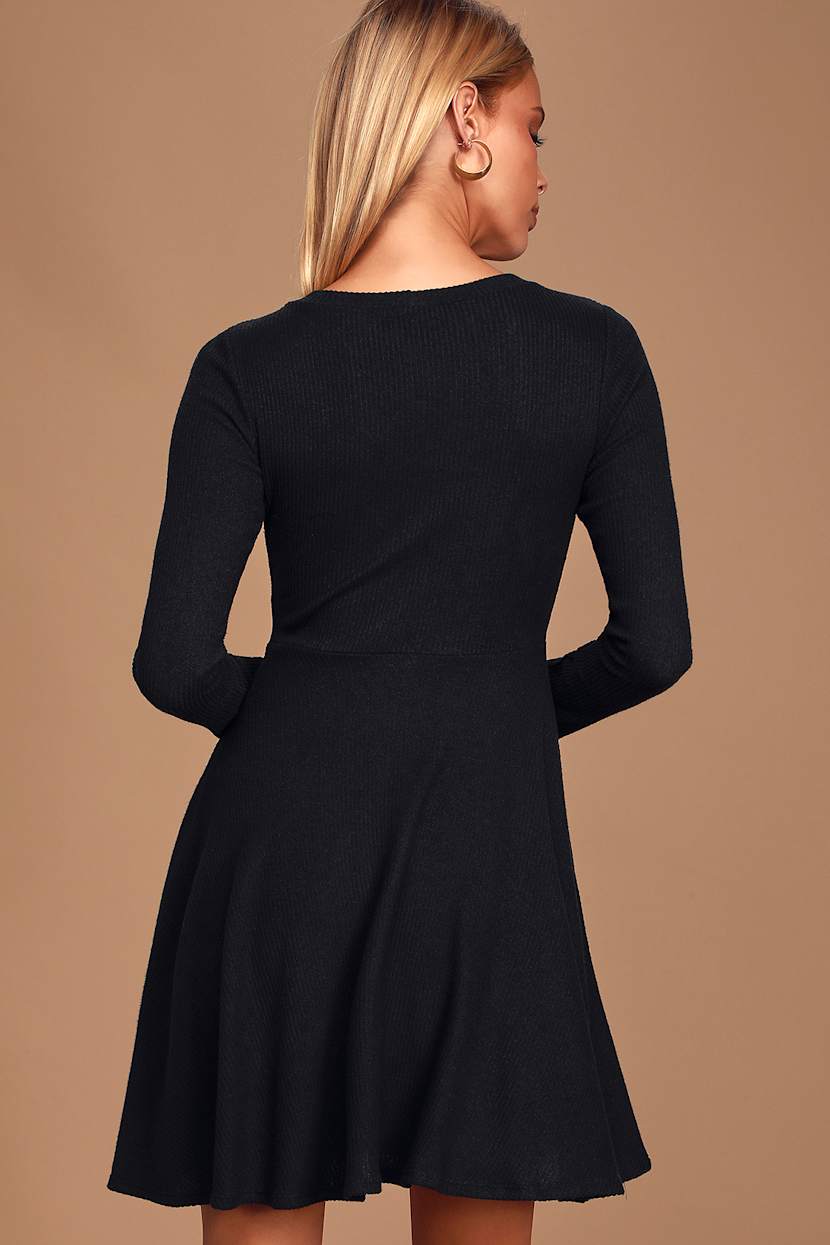 Cute Black Dress - Long Sleeve Skater Dress - Ribbed Knit Dress - Lulus