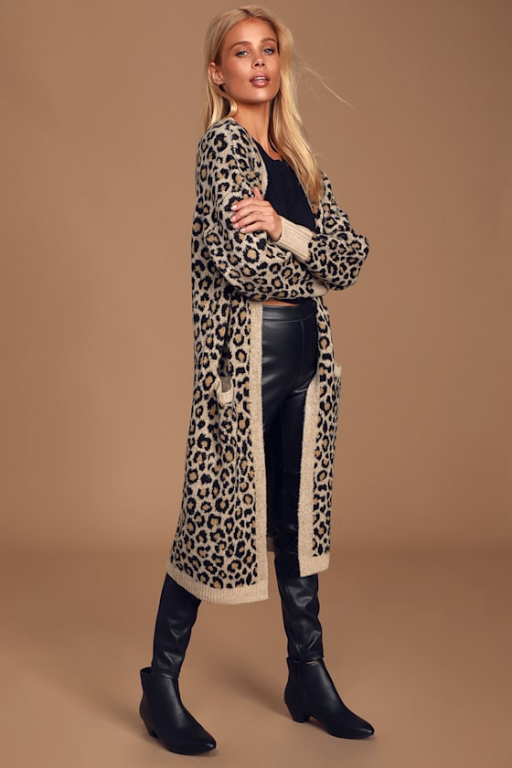 Forward Thinking Tan Leopard Print Knit Long Cardigan Sweater 5