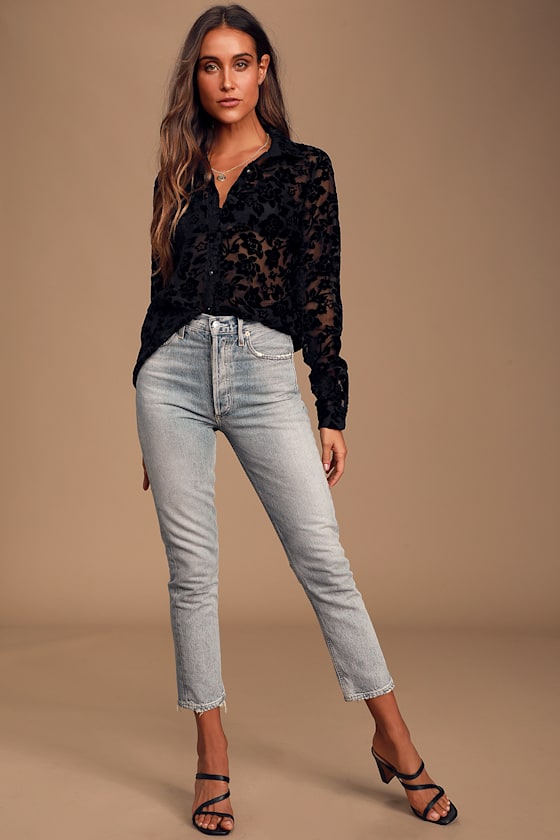 My Love For You Black Burnout Velvet Floral Print Button-Up Top 5