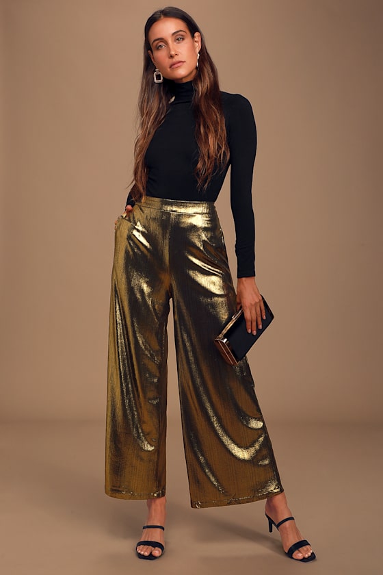Space Age Metallic Gold Wide-Leg Cropped Pants 2