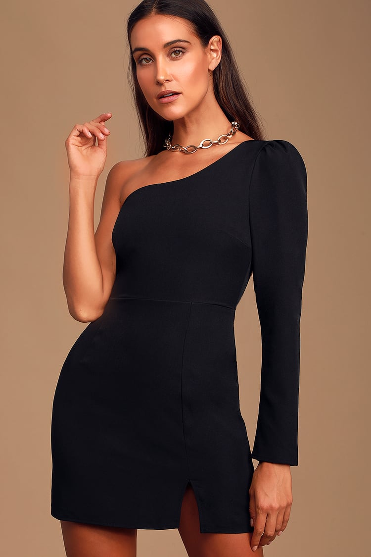 All Is Well Black One-Shoulder Long Sleeve Bodycon Dress