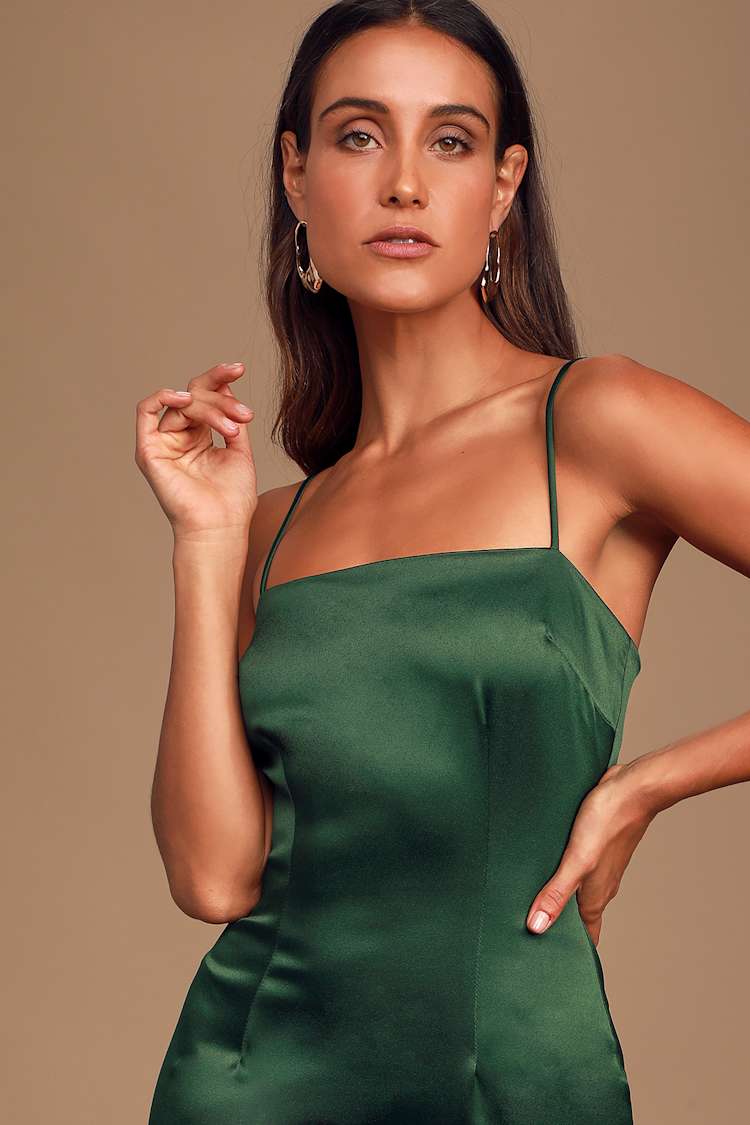 Sexy Green Satin Dress - Midi Dress - Side Slit Slip Dress - Lulus