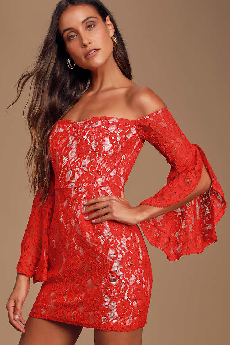 Sexy Red Lace Bodycon - OTS Mini Dress - Bell Sleeve Dress - Lulus Sexy Red Lace Bodycon - OTS Mini Dress - Bell Sleeve Dress - Lulus
