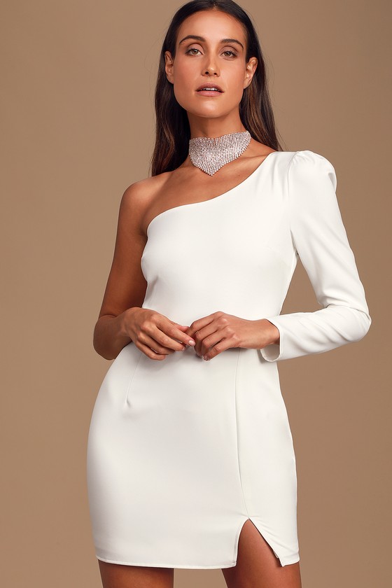 white one shoulder dress long sleeve