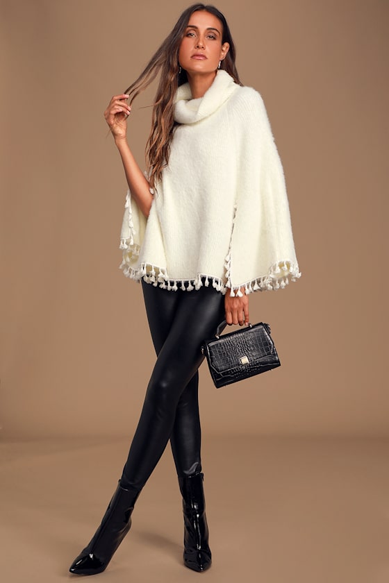Fuzzy Feelings Cream Tasseled Turtleneck Poncho 2