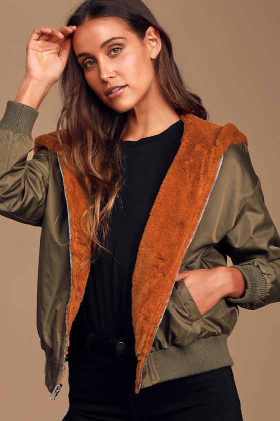 Top Notch Olive Green and Furry Brown Reversible Bomber Jacket 3