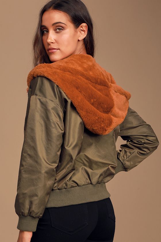 Top Notch Olive Green and Furry Brown Reversible Bomber Jacket 5