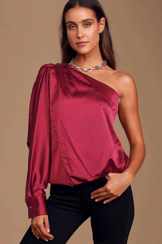 Chic Burgundy Satin Top - One-Shoulder Top - Dolman Sleeve Top - Lulus