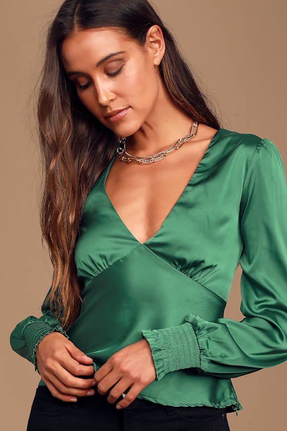 Head Held High Emerald Green Satin Long Sleeve Top 5