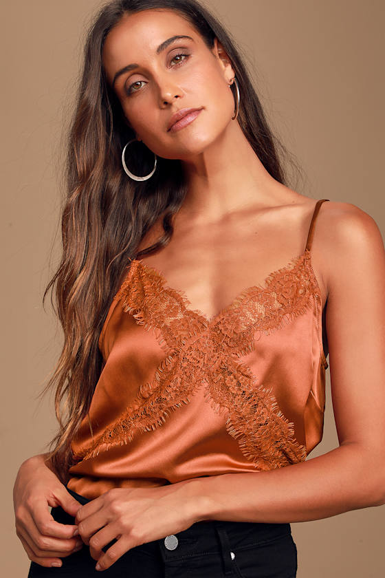 Sweetest Kiss Rust Orange Satin Lace Cami Top 6