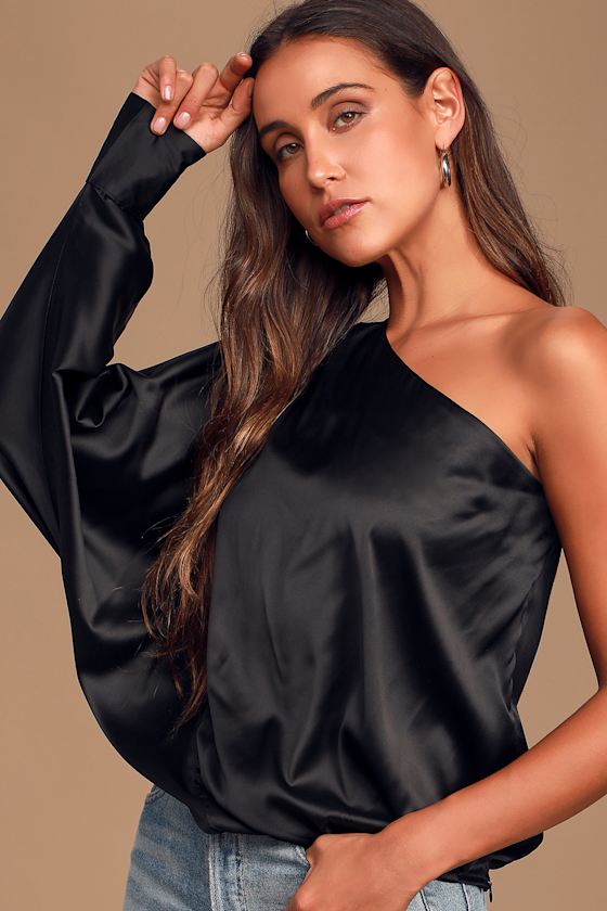 Ballads Black Satin One-Shoulder Bat Sleeve Top 1