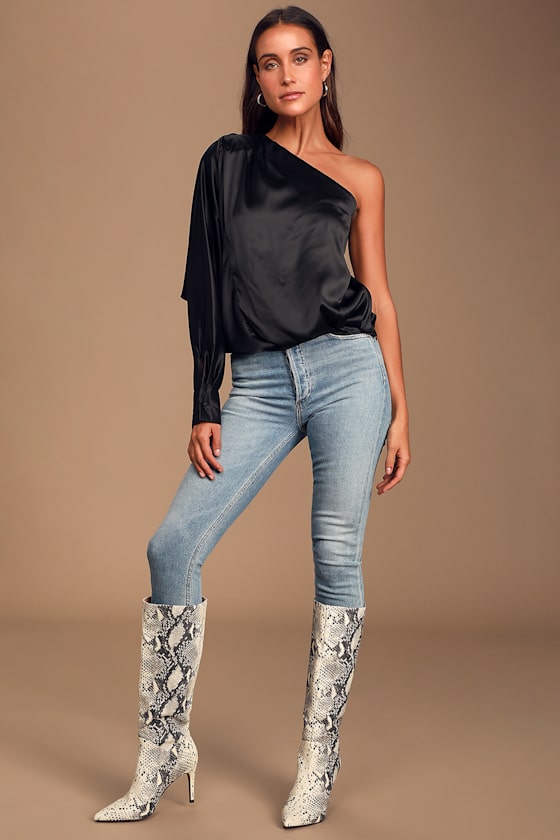 Ballads Black Satin One-Shoulder Bat Sleeve Top 3