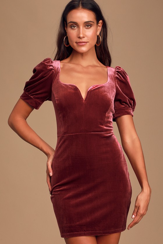 Cute Burgundy Velvet Dress - Bodycon Dress - Puff Sleeve Dress - Lulus