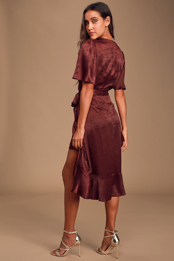 Wrapped Up In Love Burgundy Satin Wrap Midi Dress 2