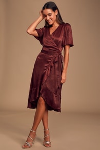Wrapped Up In Love Burgundy Satin Faux-Wrap Midi Dress
