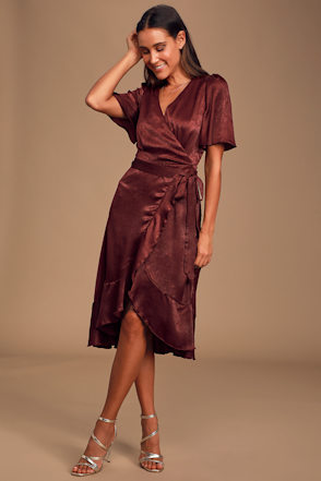 shape burgundy satin wrap dress Burgundy Satin Allura Midi Dress