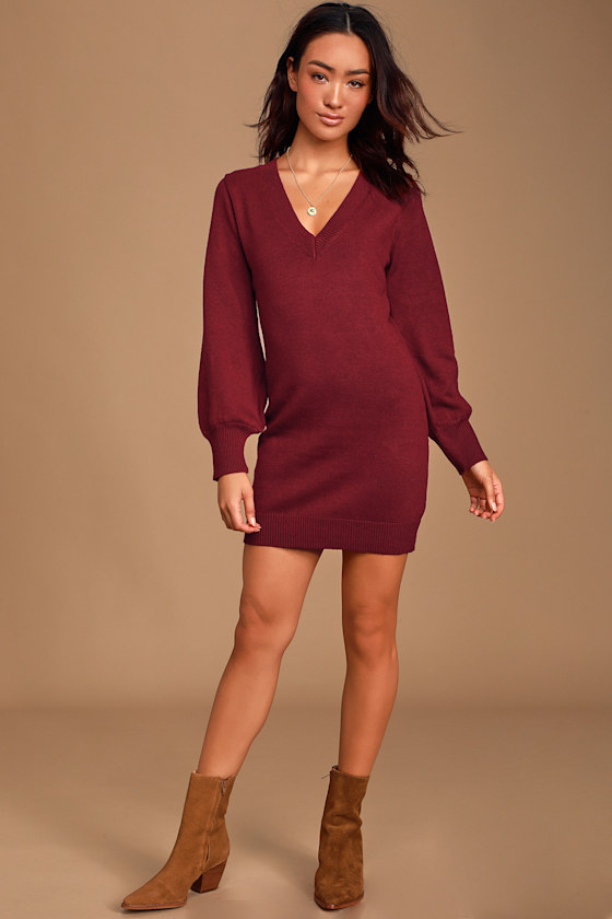 Cozy On Up Wine Red V-Neck Ling Sleeve Sweater Dress 2