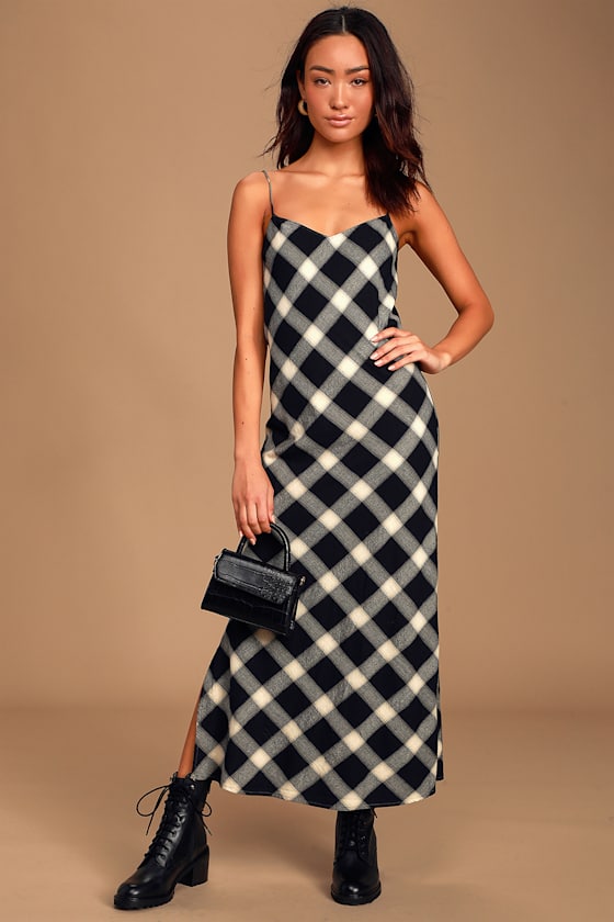 Mari Black Multi Plaid Midi Slip Dress 1